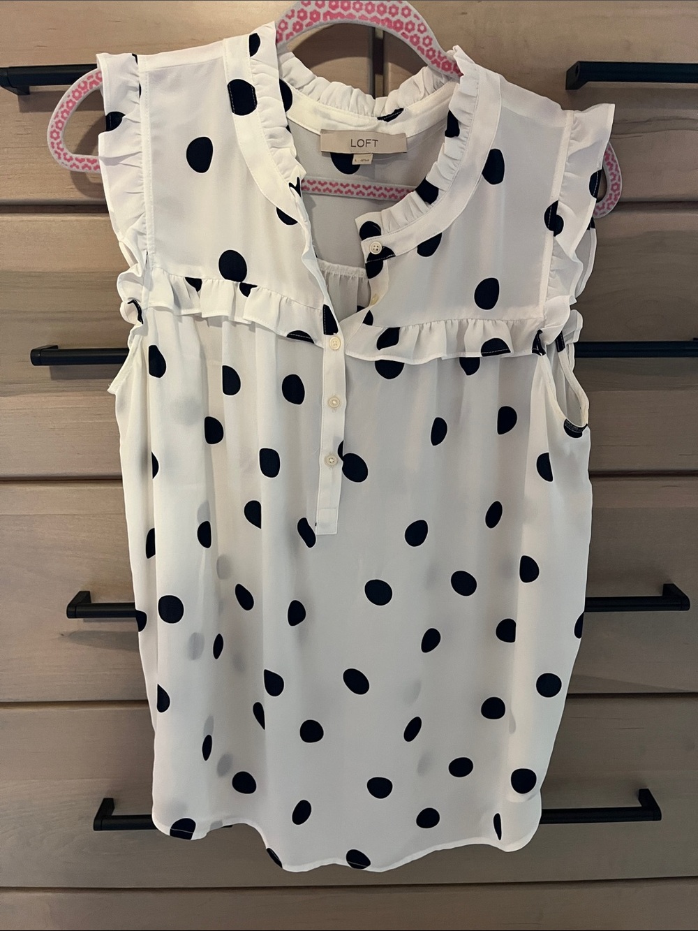 LOFT White and Black Polka Dot Ruffle Shell Top